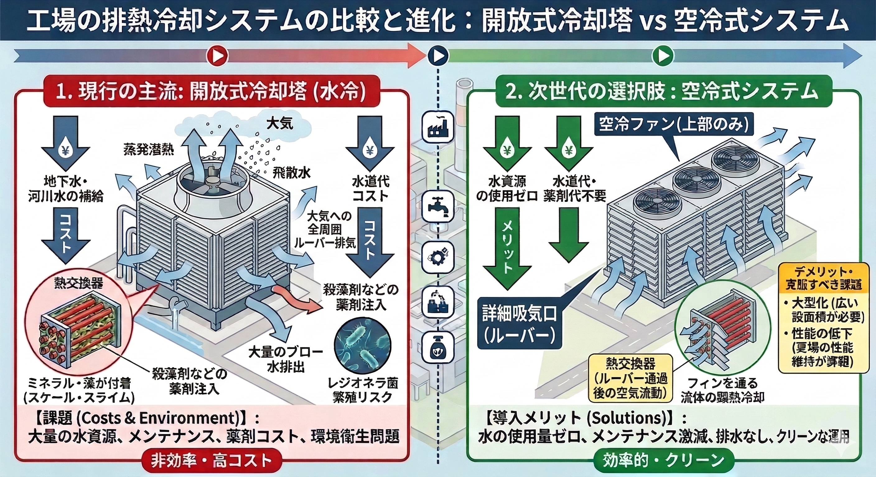 水冷（開放式冷却塔）vs 空冷式システム 比較図